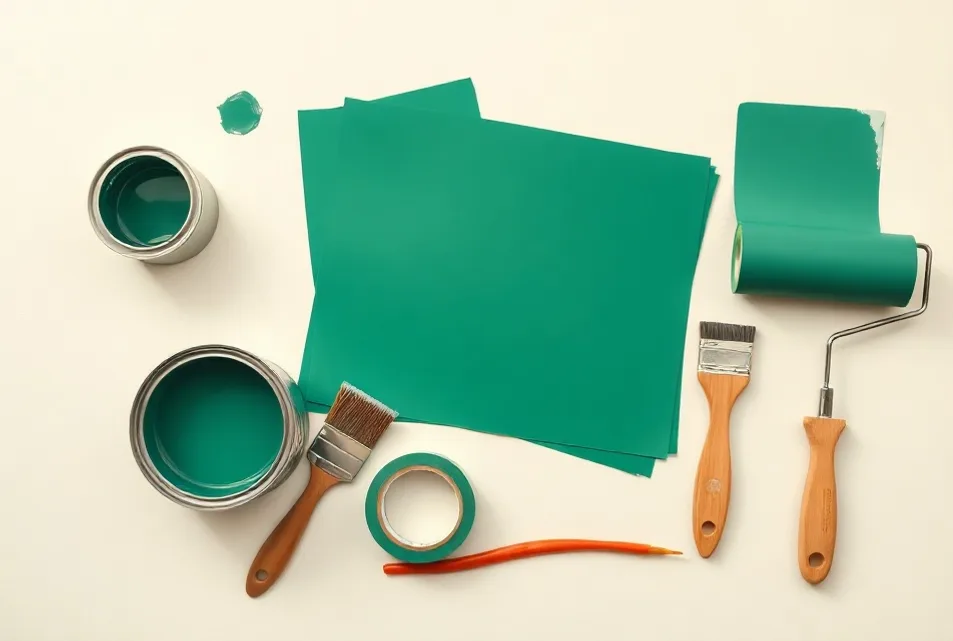 Pots de peinture, nuancier, brosses et rouleaux disposés à plat