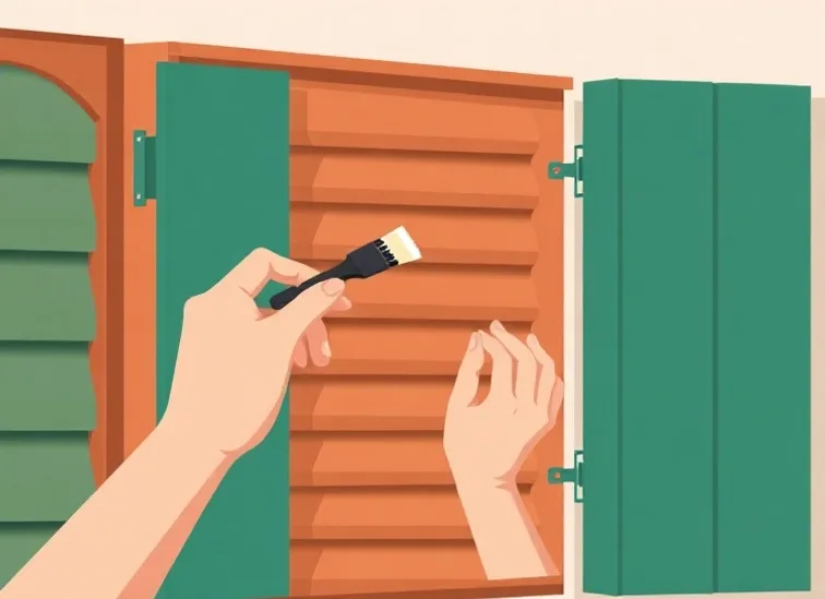 Mise en peinture au pinceau de volets et d'encadrements en bois