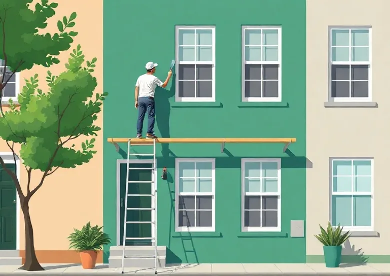 Peintre sur échafaudage traitant la façade d'une maison