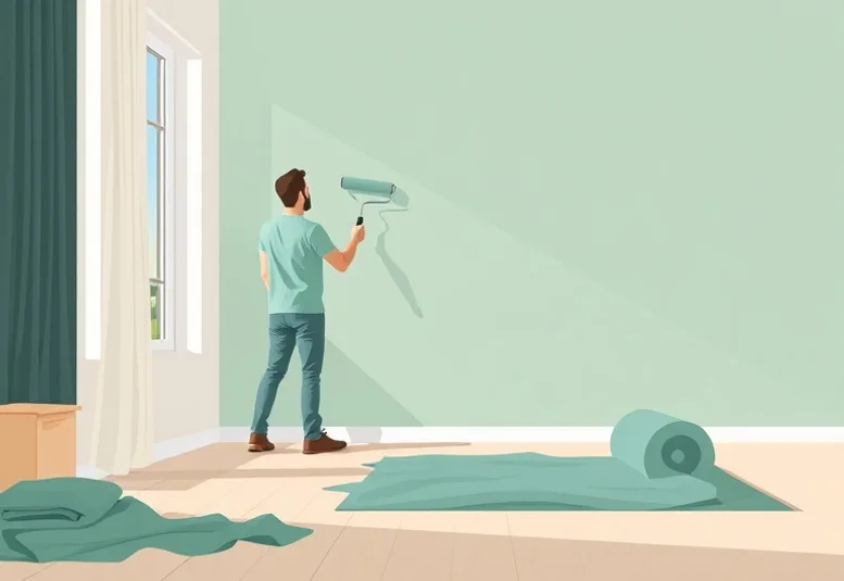 Peintre appliquant la peinture au rouleau sur un mur de salon